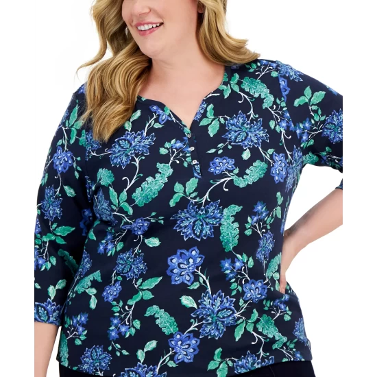 Coupon 🔥 Karen Scott Plus Size Printed 3/4-Sleeve Henley Top, Created For Macy's Intrepid Blue ✨ - Image 4