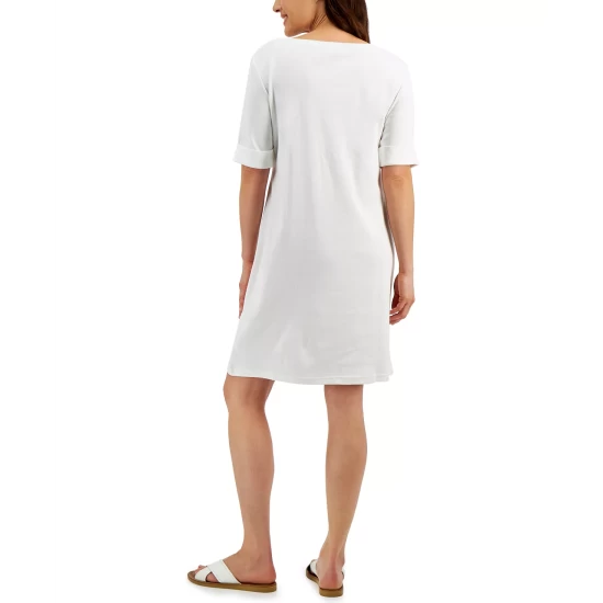 Deals ๐ฅ Karen Scott Cotton Cuffed-Sleeve ๐ Dress, Created For Macy's Bright White โ - Image 3