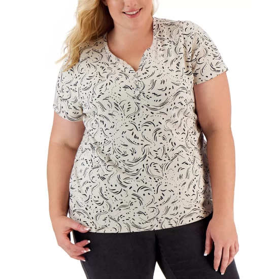 Cheapest ๐ Karen Scott Plus Size Printed Henley Top, Created For Macy's Crescendo Blue ๐ฅฐ - Image 4