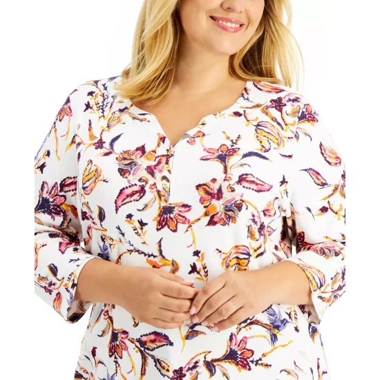 Best reviews of โค๏ธ Karen Scott Plus Size Printed Henley Top, Created For Macy's Winter White โค๏ธ - Image 4