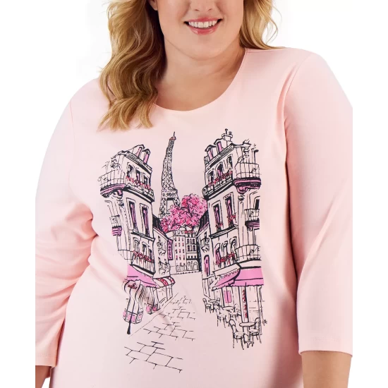 Buy ๐ Karen Scott Plus Size Paris Corner 3/4-Sleeve Top, Created For Macy's Soft Pink โจ - Image 4