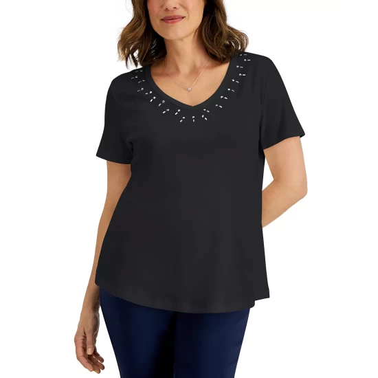 Buy โ๏ธ Karen Scott ๐ฉ Women's Cotton Studded V-Neck Top, Created For Macy's Malbec ๐งจ - Image 2