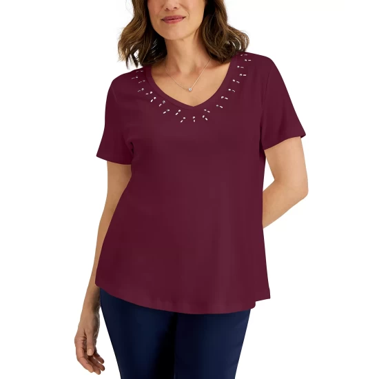 Buy โ๏ธ Karen Scott ๐ฉ Women's Cotton Studded V-Neck Top, Created For Macy's Malbec ๐งจ - Image 3