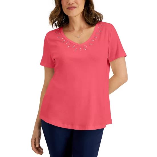 Buy โ๏ธ Karen Scott ๐ฉ Women's Cotton Studded V-Neck Top, Created For Macy's Malbec ๐งจ - Image 4