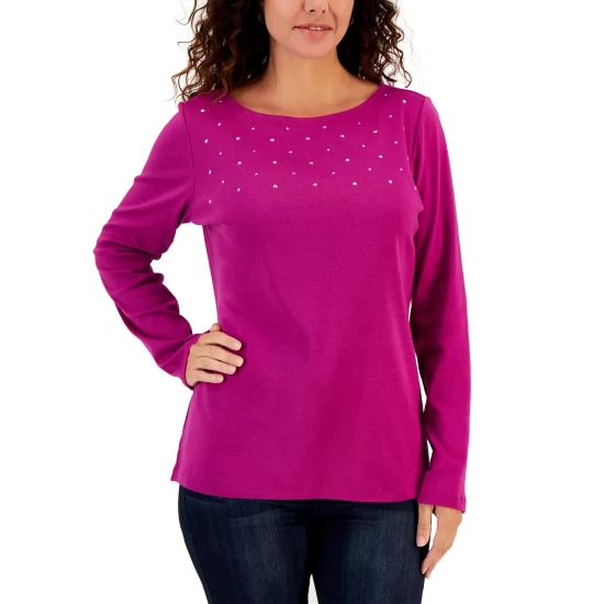 Best reviews of 👍 Karen Scott Long Sleeve Cotton Scoop-Neckline Top, Created For Macy's Chestnut Heather 😍 - Image 2