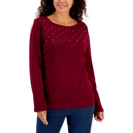 Best reviews of 👍 Karen Scott Long Sleeve Cotton Scoop-Neckline Top, Created For Macy's Chestnut Heather 😍 - Image 3