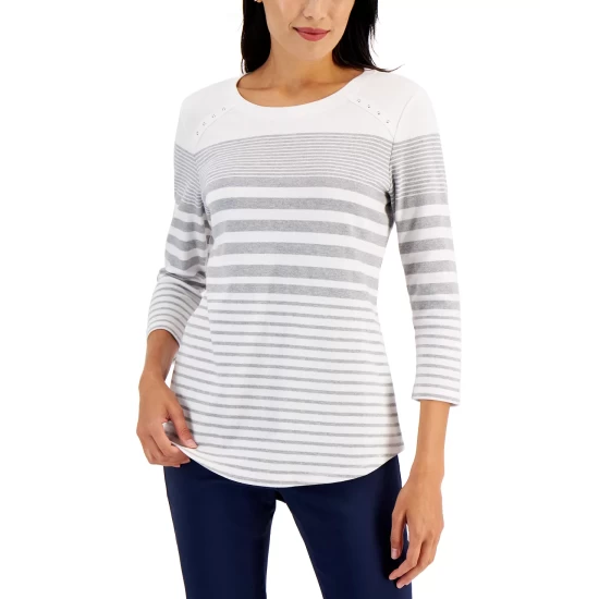 Best Pirce ๐ Karen Scott ๐ฉ Women's Amanda Striped Top, Created For Macy's Smoke Grey Heather โ - Image 2