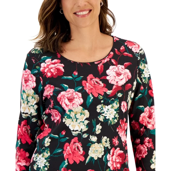 Best Sale ๐ Karen Scott ๐ฉ Women's Long-Sleeve Rose Print Top, Created For Macy's Deep Black ๐คฉ - Image 4