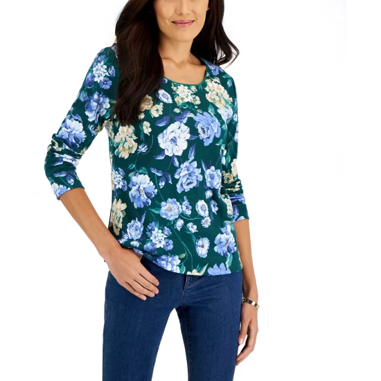 Best Sale ๐ Karen Scott ๐ฉ Women's Long-Sleeve Rose Print Top, Created For Macy's Deep Black ๐คฉ - Image 5