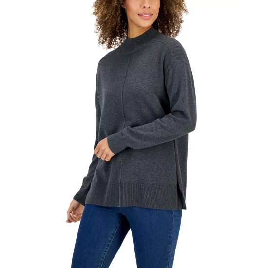 Best Pirce ๐ Karen Scott ๐ฉ Women's Cotton Seam-Front Mock Neck Sweater, Created For Macy's Light Blue Heather ๐ - Image 3