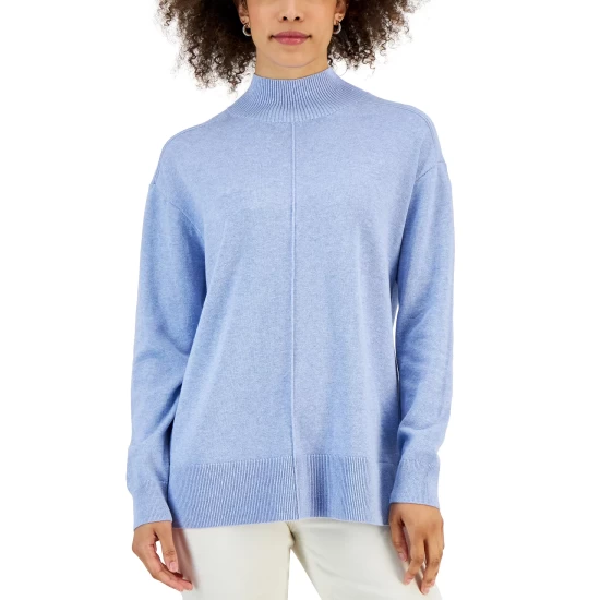 Best Pirce ๐ Karen Scott ๐ฉ Women's Cotton Seam-Front Mock Neck Sweater, Created For Macy's Light Blue Heather ๐ - Image 6