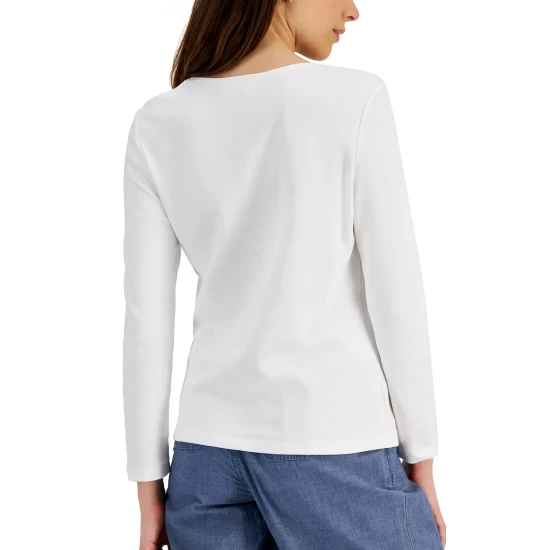 Outlet 🌟 Karen Scott Kren Scott Petite Splashy Floral Scoop-Neck Knit Top, Created For Macy's Bright White ✨ - Image 3