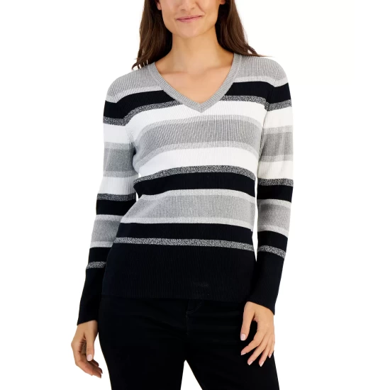 Best Sale โญ Karen Scott ๐ฉ Women's Ribbed V-Neck Sweater, Created For Macy's Smoke Grey Heather ๐ - Image 4