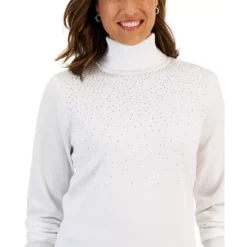 New ⌛ Karen Scott Petite Ribbed Mock-Neck Sweater, Created For Macy's Winter White 👏