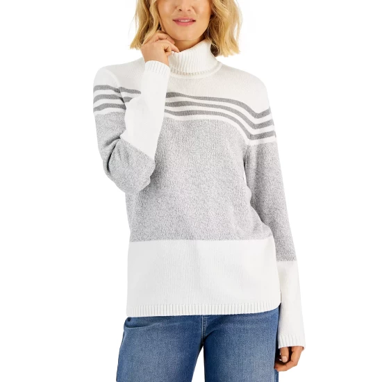 Best Pirce 🥰 Karen Scott 👩 Women's Cotton Turtleneck Kentron Stripe Sweater, Created For Macy's Malbec Combo 🔔 - Image 2