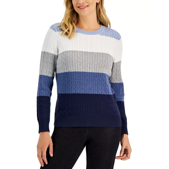 Budget โ Karen Scott ๐ฉ Women's Cable Crewneck Gemma Stripe Sweater, Created For Macy's Heather Grey Combo โ๏ธ - Image 3