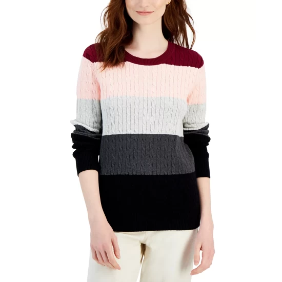Budget โ Karen Scott ๐ฉ Women's Cable Crewneck Gemma Stripe Sweater, Created For Macy's Heather Grey Combo โ๏ธ - Image 4