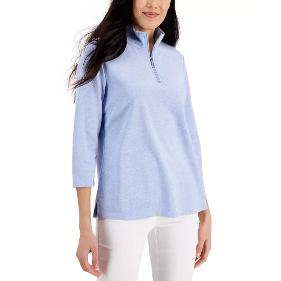 Best Sale ๐ Karen Scott Cotton Zip-Neck Top, Created For Macy's Light Blue Heather ๐ - Image 2